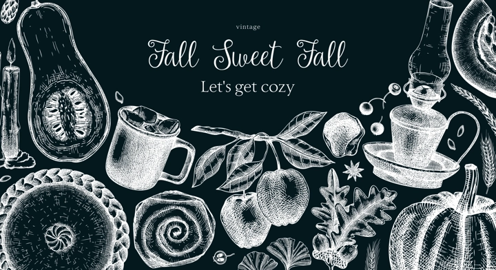 Vintage autumn banner design template. Hand-drawn vector illustration on chalkboard. Pumpkin, hot drink, fruit, pie, pastry, fall leaves sketches. Thanksgiving background